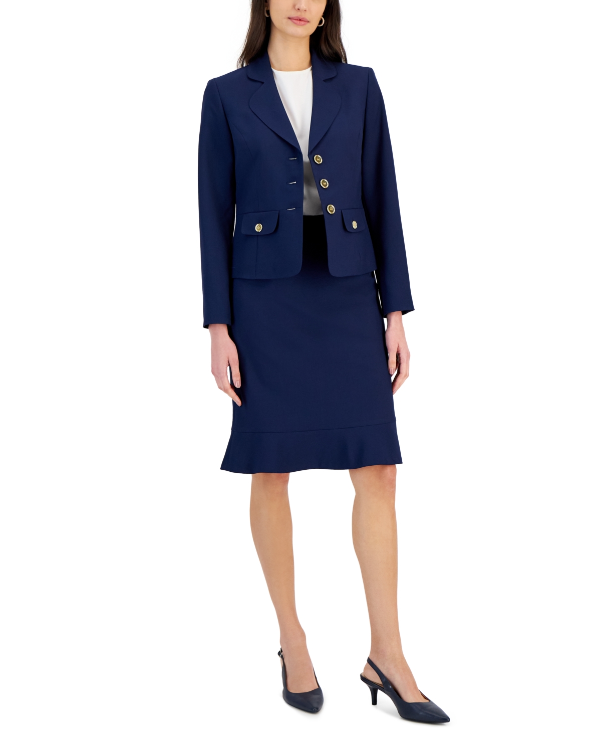 Le Suit Three-button Jacket & Flounce-hem Skirt, Regular & Petite In Indigo