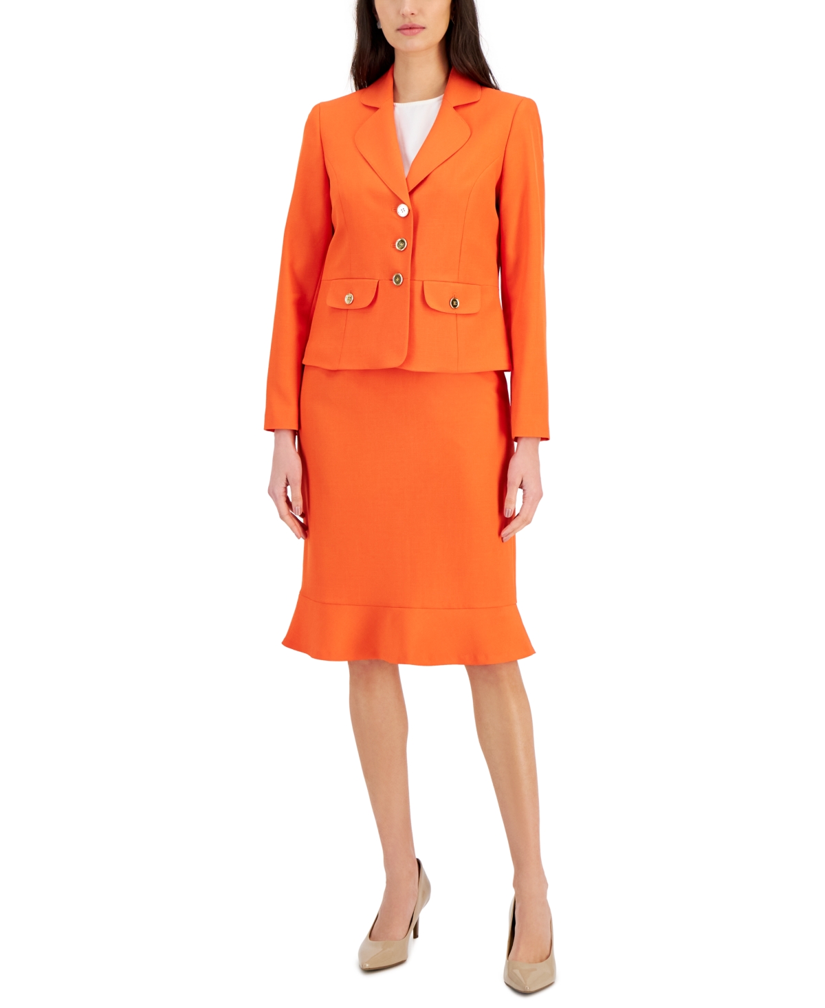 Le Suit Three-Button Jacket & Flounce-Hem Skirt, Regular & Petite