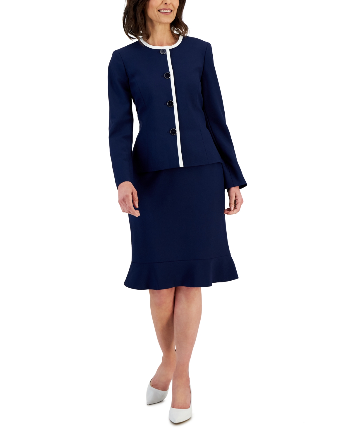 Le Suit Women's Framed Collarless Jacket & Flounce-Hem Skirt, Regular & Petite -Vanilla Ice