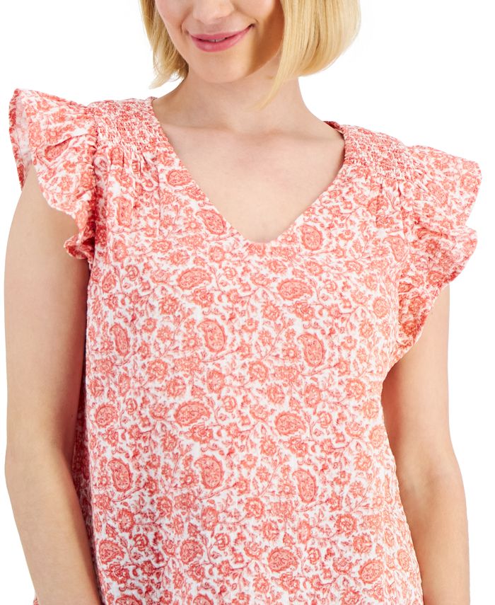 Red Gauze Flutter Sleeve Top