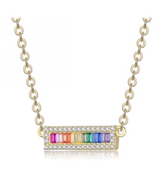 Sterling Silver Rainbow Cubic Zirconia Short Bar Pendant Necklace