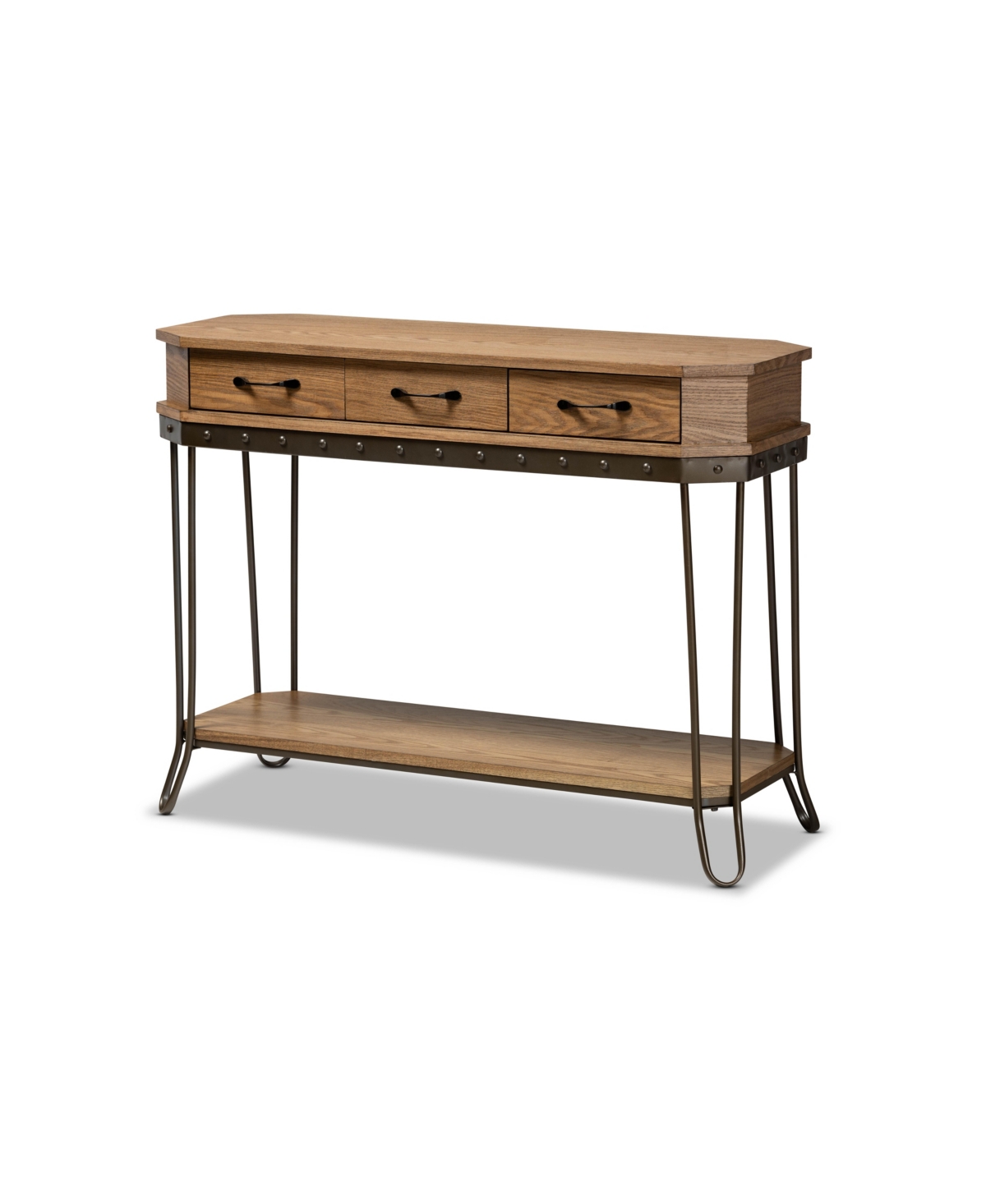 Baxton Studio Kellyn Vintage 42.9" Rustic Industrial Finished Wood And Metal 3-drawer Console Table In Oak Brown,black