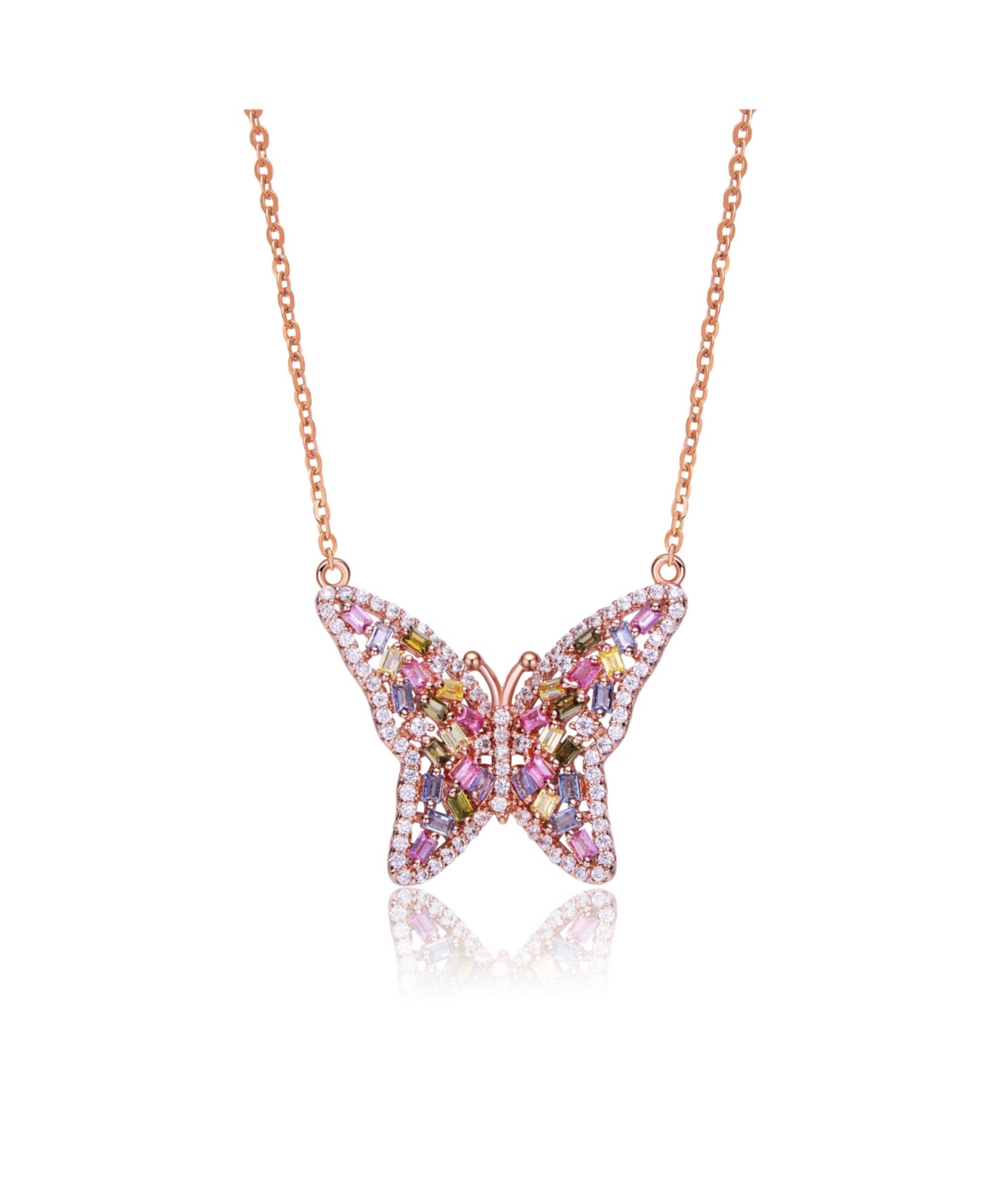 Long Lasting Sterling Silver 18K Rose Plated Multi Color Cubic Zirconia Butterfly Necklace - Open Miscellaneous