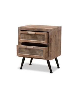 Calida Mid-Century Modern 22.8" Whitewashed Finished Wood and Rattan 2-Drawer Nightstand