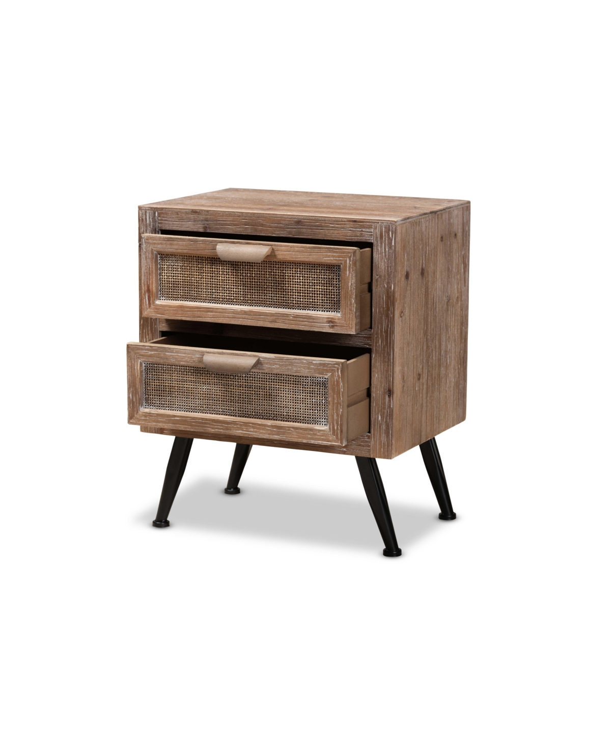 Baxton Studio Calida Mid-century Modern 22.8" Whitewashed Finished Wood And Rattan 2-drawer Nightstand In Natural Brown,black