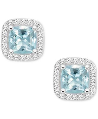 Aquamarine (1 ct. t.w.) & Diamond (1/5 ct. t.w.) Cushion Halo Stud Earrings in Sterling Silver 