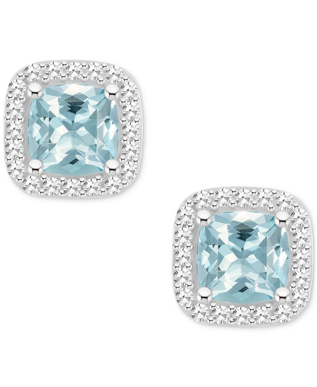 (1 ct. t.w.) & Diamond (1/5 ct. t.w.) Cushion Halo Stud Earrings in Sterling Silver - Aquamarine