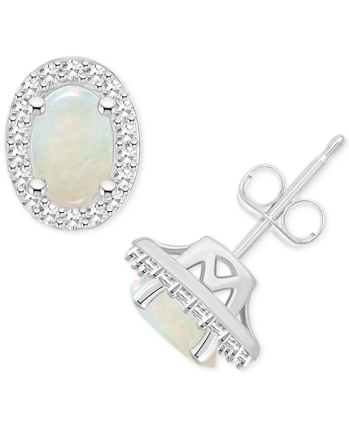 Aquamarine (3/4 ct. t.w.) & Diamond (1/6 ct. t.w.) Oval Halo Stud Earrings in Sterling Silver (Also  - Opal