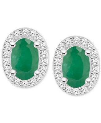 Emerald (1 ct. t.w.) & Diamond (1/6 ct. t.w.) Halo Stud Earrings in Sterling Silver (Also in Ruby & Sapphire)