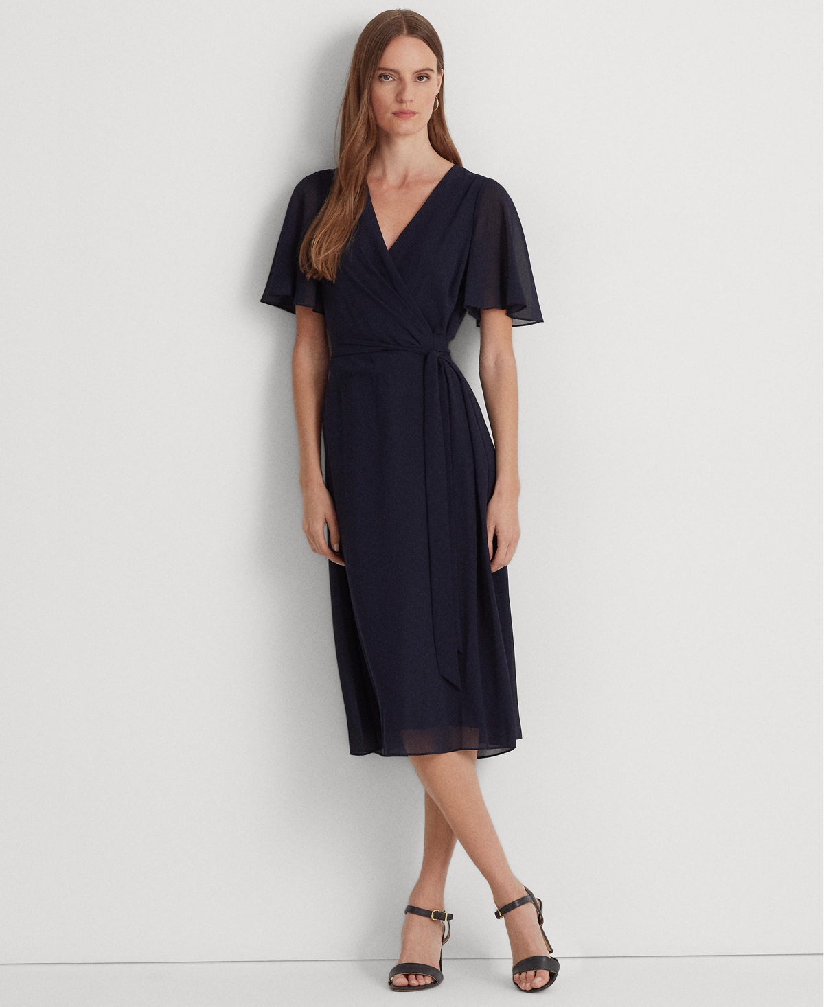 Ralph Lauren Women's Self-belt Roll-tab Sleeve Surplice Crepe Dress In Lighthouse Navy
