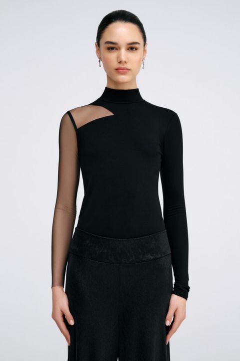 Женский топ Marcella Ysabel Mock-Neck Mesh-Sleeve Fitted Jersey, цвет: Чёрный