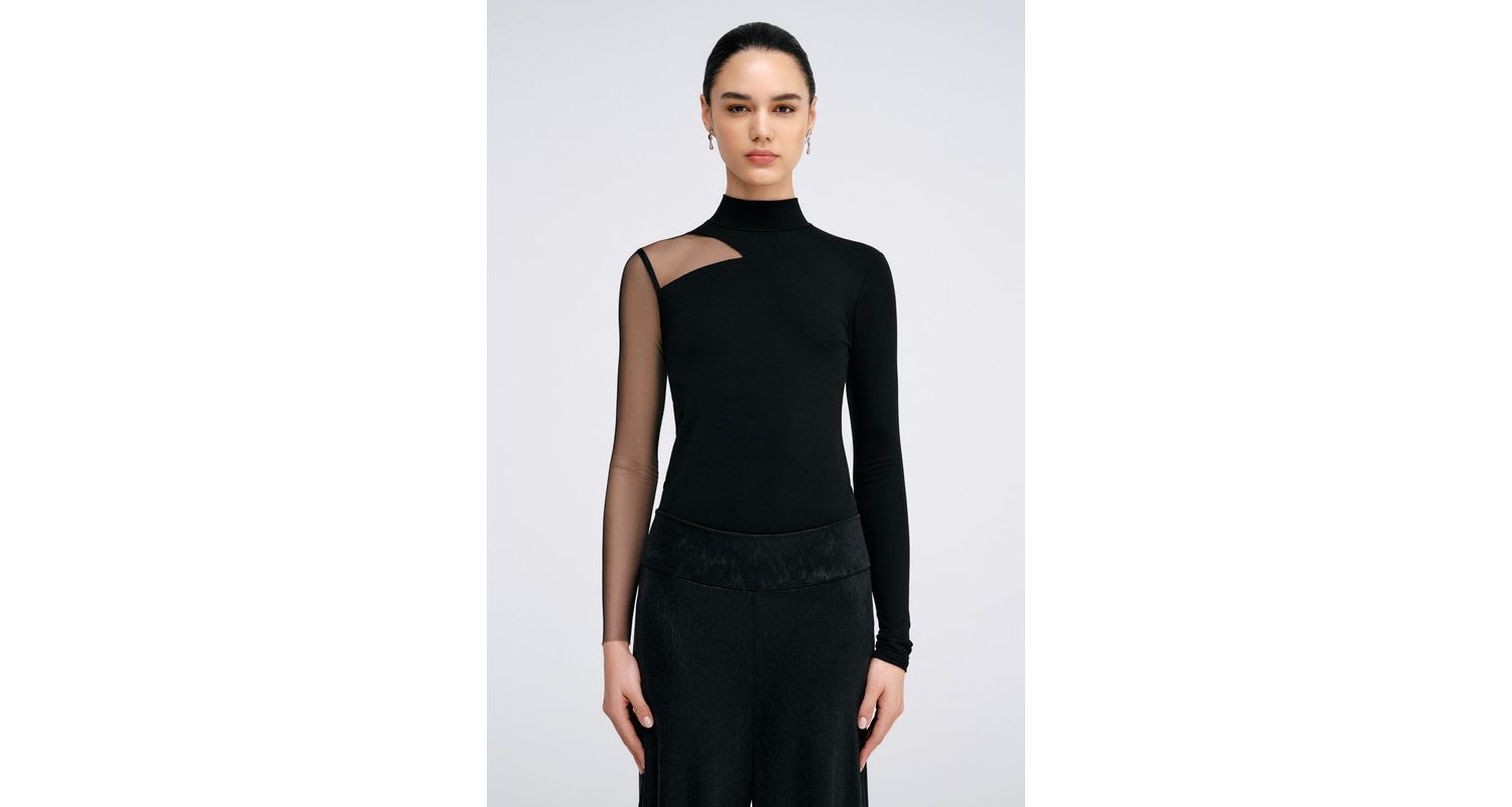 Women's Ysabel Mock-Neck Mesh-Sleeve Fitted Jersey Top