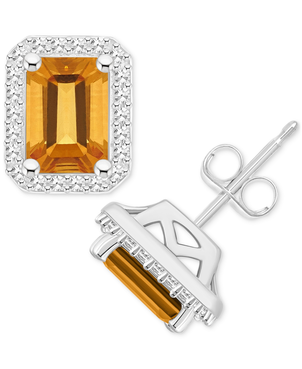 Amethyst (2 ct. t.w.) & Diamond (1/5 ct. t.w.) Halo Stud Earrings in Sterling Silver (Also in Citrine, Garnet, Peridot, & Blue Topaz) - Citrine