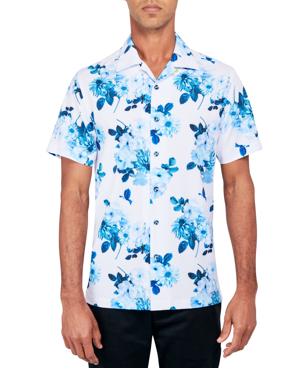 Men's Regular-Fit Non-Iron Performance Stretch Floral-Print Button-Down Camp Shirt - Blue