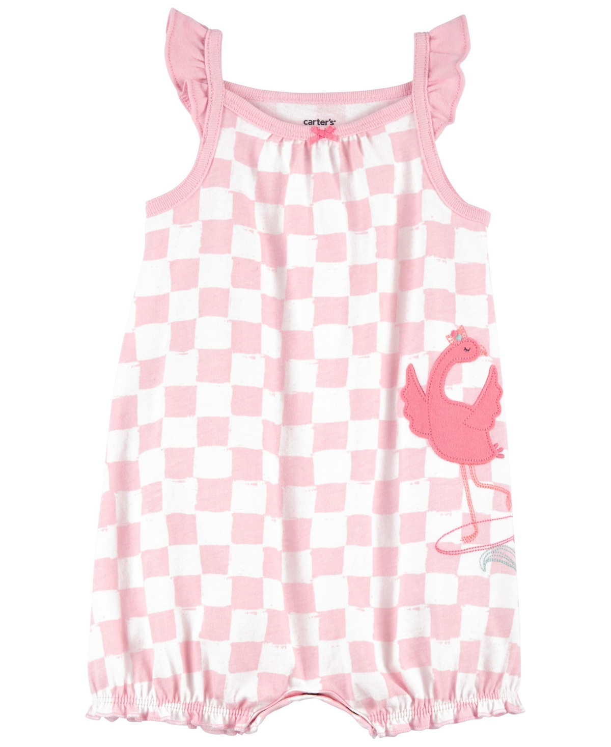 Carter's Baby Girls Checkered Print Ruffle Strap Flamingo Snap Up Romper In Pink