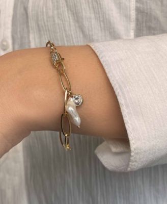 Gold Plated Paperclip Chain Bracelet with Pearl