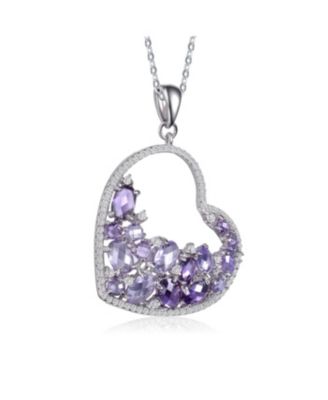 Sterling Silver with White Gold Plating Purple Oval with Clear Round Cubic Zirconia Open Heart Necklace