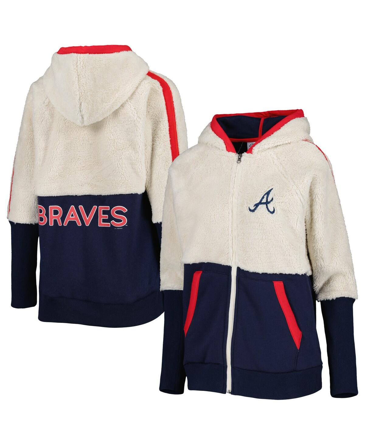 G-iii 4her By Carl Banks Women's  Oatmeal, Navy Atlanta Braves Shuffle It Raglan Full-zip Hoodie In Oatmeal,navy