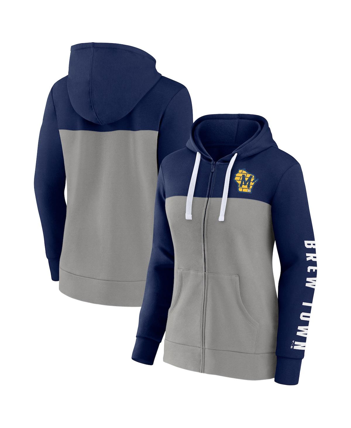 Shop Fanatics Women's  Navy, Gray Milwaukee Brewers Take The Field Colorblocked Hoodie Full-zip Jacket In Navy,gray