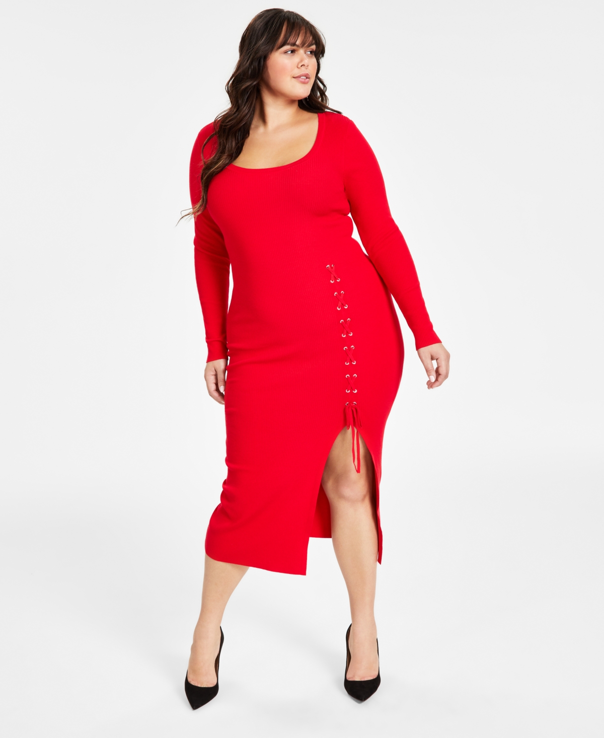 Bar Iii Plus Size Rib-knit Lace-up Sweater Dress, Created For Macy's In Cherry Candy