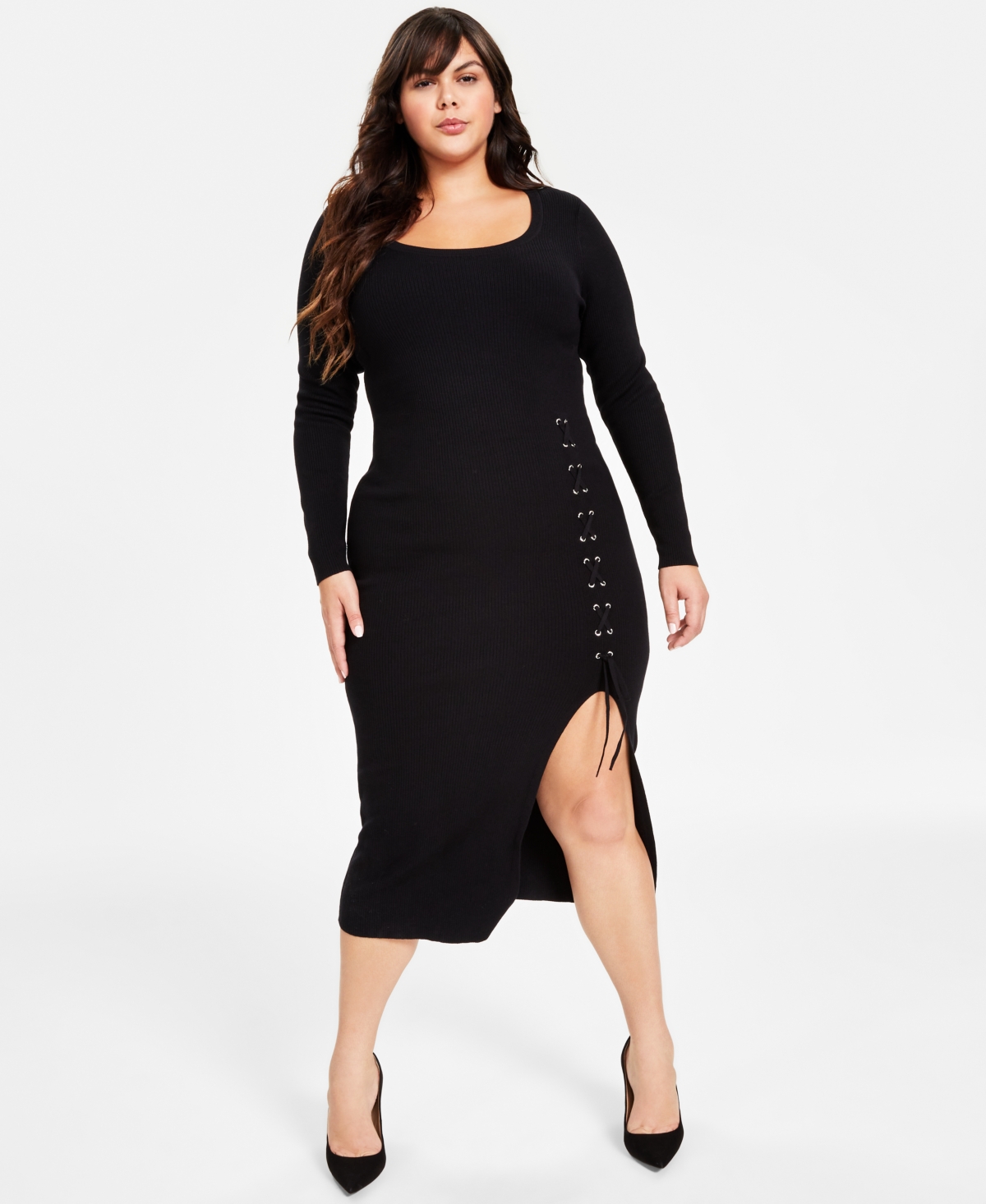 Bar Iii Plus Size Rib-knit Lace-up Sweater Dress, Created For Macy's In Deep Black