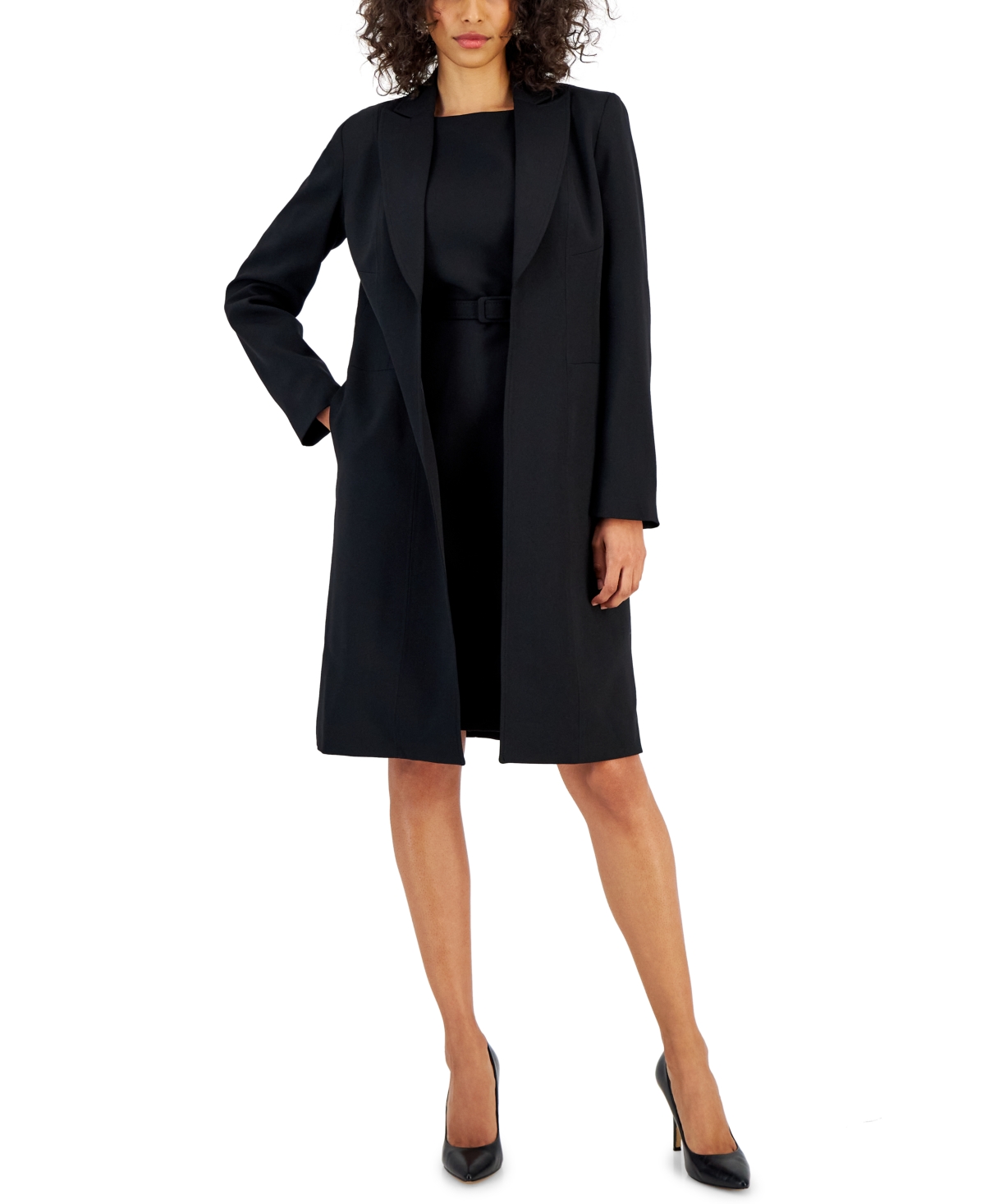 Nipon Boutique Women's Longline Jacket Topper & Belted Sleeveless Sheath Dress In Black