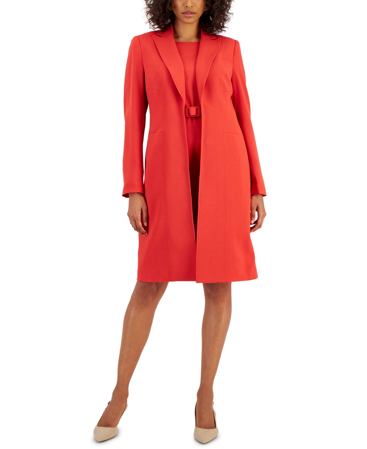 Nipon Boutique Women's Longline Jacket Topper & Belted Sleeveless Sheath Dress In Cherry Sprig