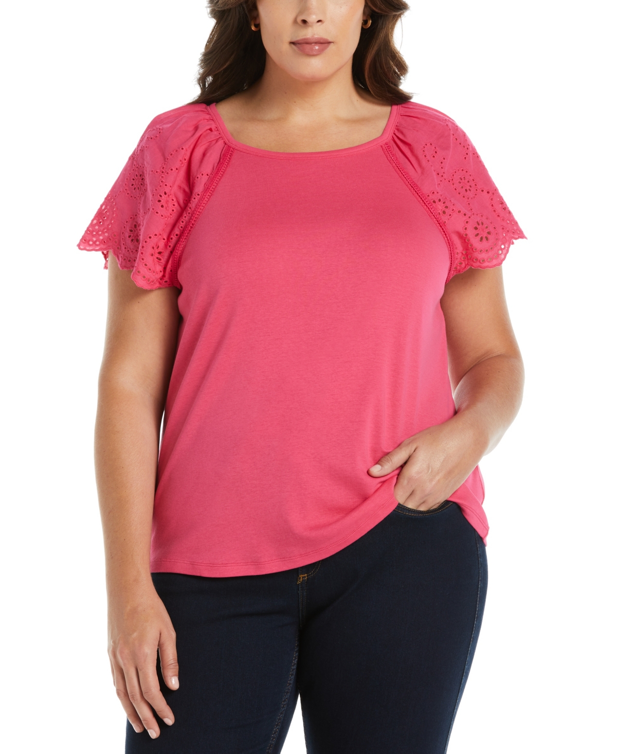 ELLA RAFAELLA PLUS SIZE RIB KNIT EYELET SHORT SLEEVE T-SHIRT 