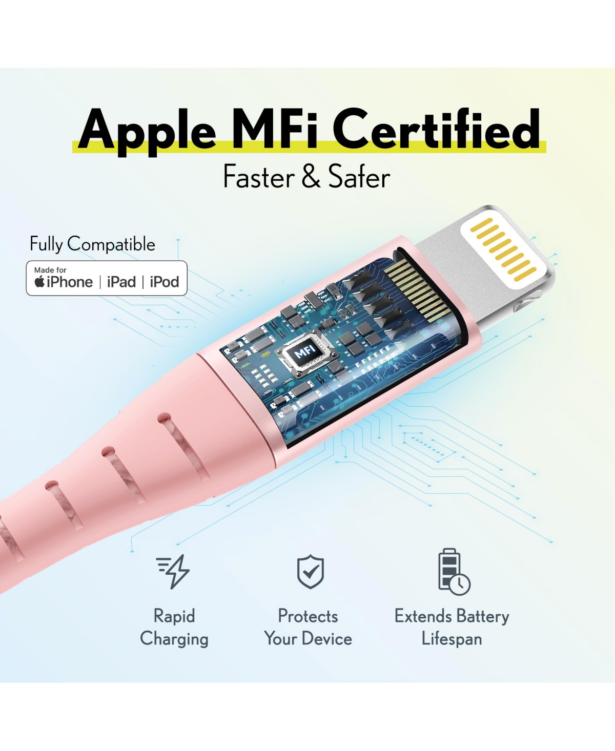 Overtime Apple MFi Certified iPhone 11/Xe/Se/10/9 6ft Charging Cable | Usb to Lightning Cable for iPhone - Rose Gold (2-Pack)