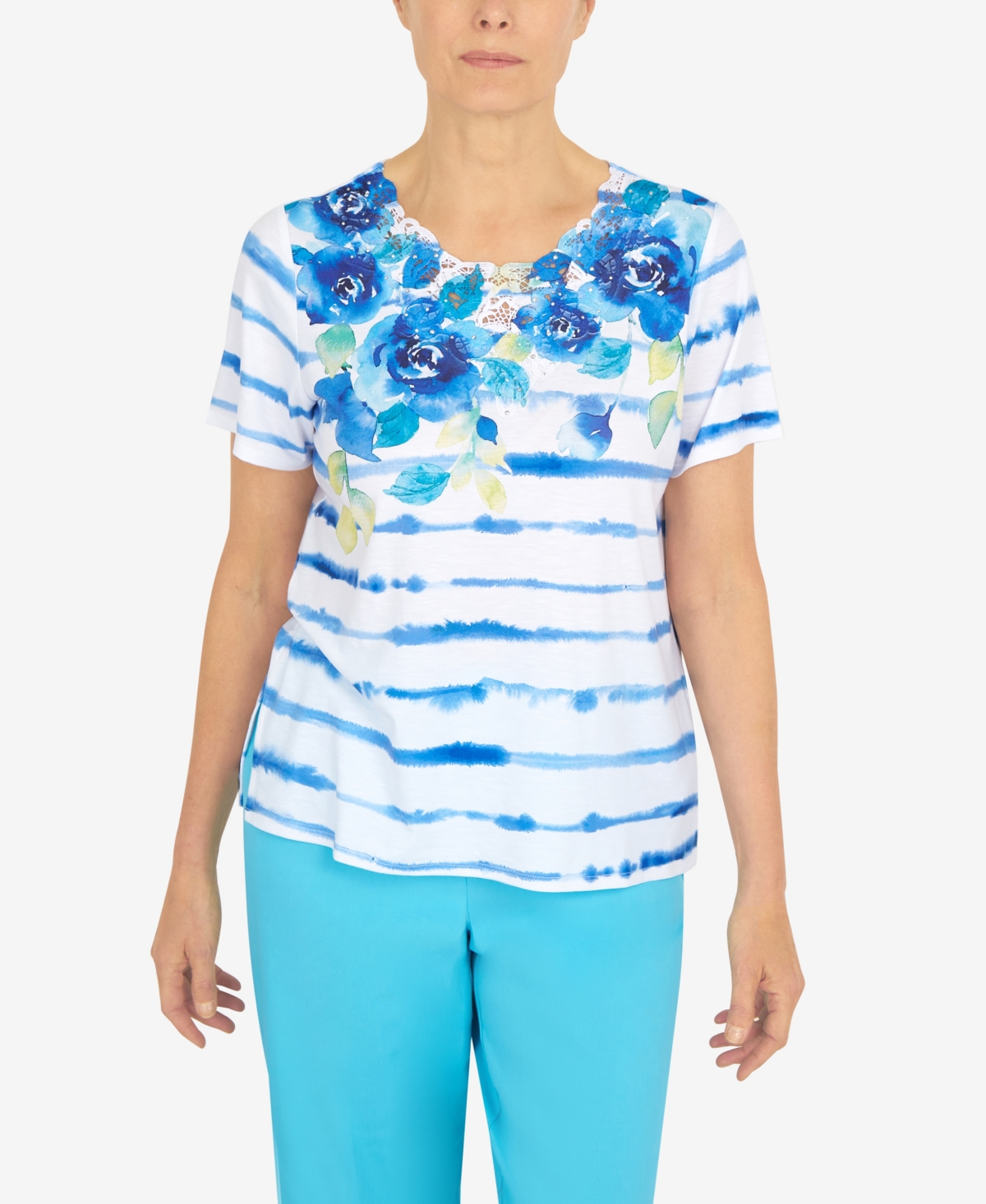 Alfred Dunner Women's Cool Vibrations Lace Neck Floral Stripe T-shirt In Multi