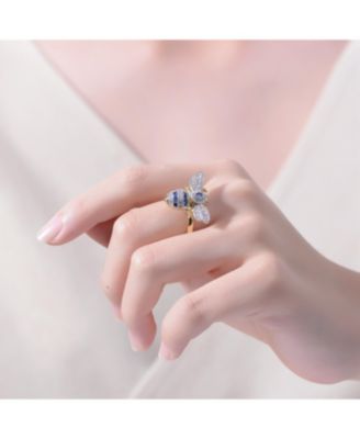 Sterling Silver 14k Yellow Gold Plated with Blue Cubic Zirconia Pave Wasp Ring