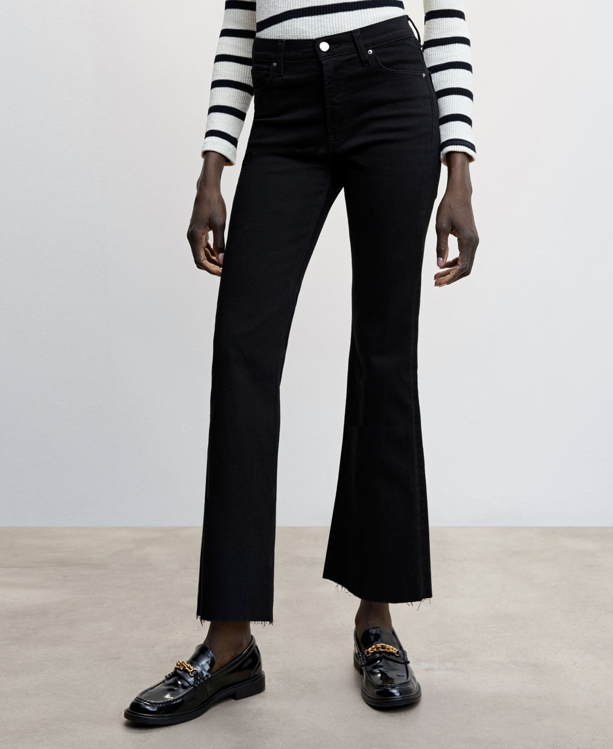 Shop Mango Women's Crop Flared Jeans In Black Denim