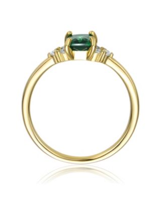 Sterling Silver 14k Yellow Gold Plated with Green & Cubic Zirconia Solitaire Cluster Statement  Ring