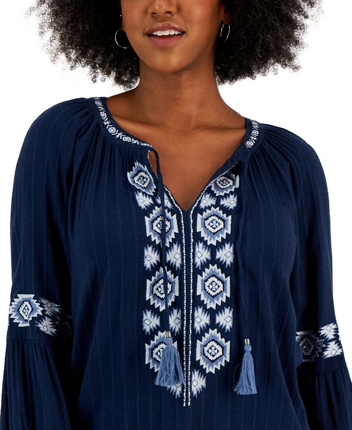 Style & Co Women's Drapey TasselTie Peasant Blouse, Created for Macy's