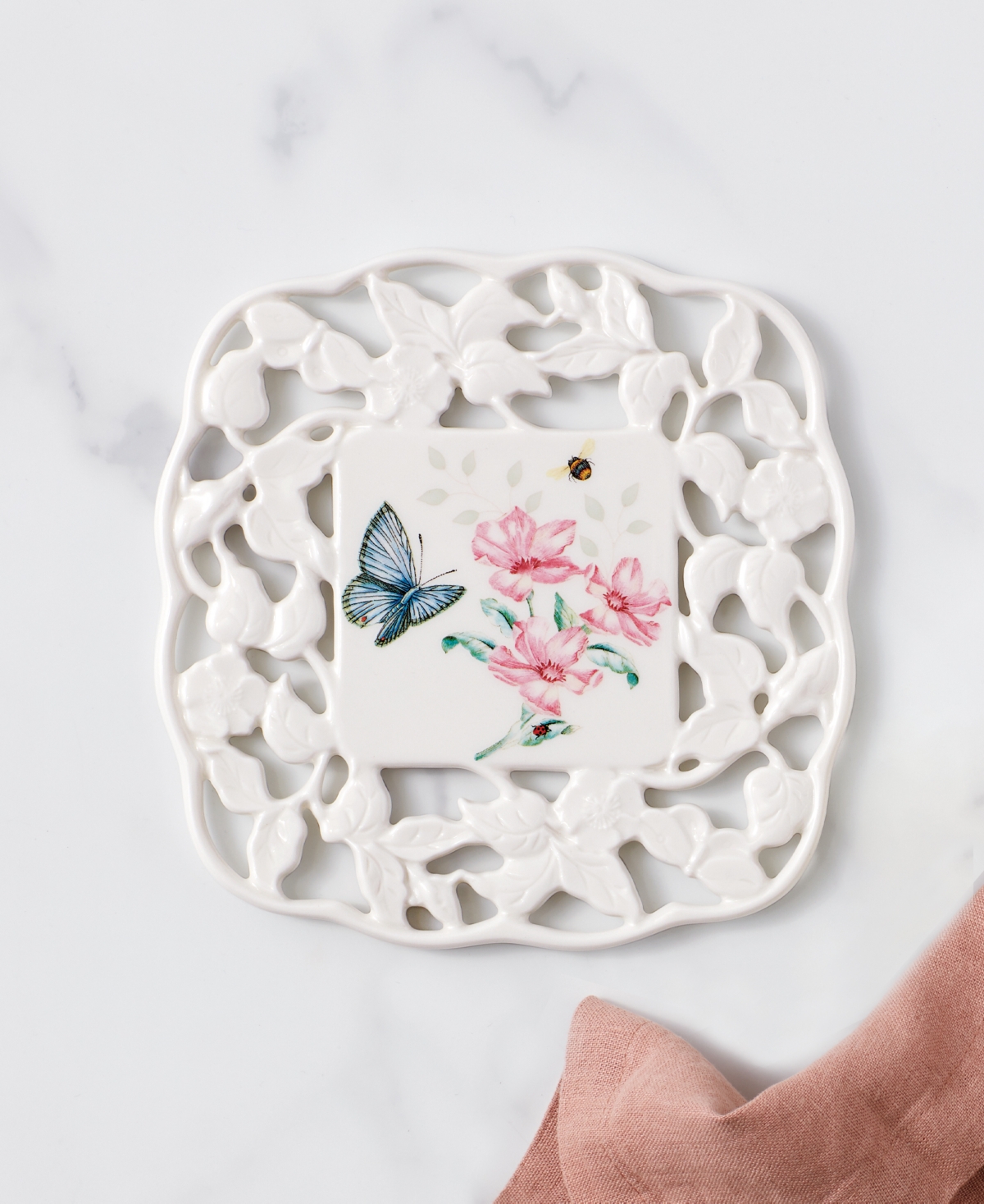 Lenox Butterfly Meadow Kitchen Carved Trivet, Exclusively at Macy's - White With Multi-color Botanical Design