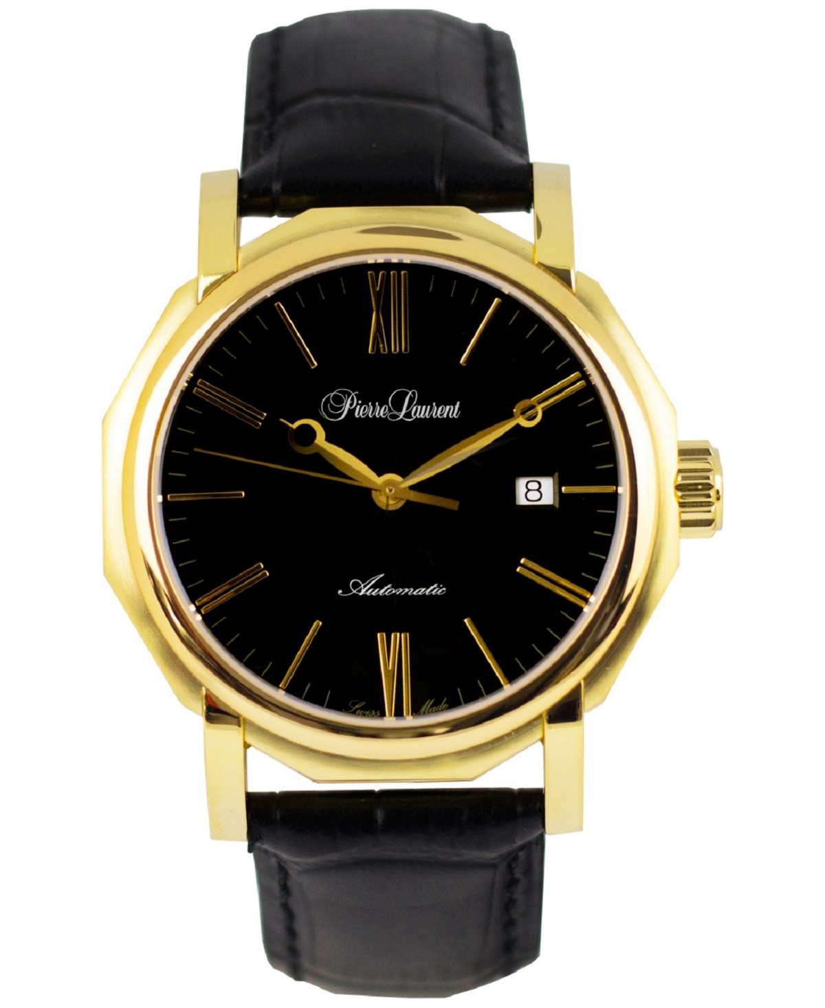 Pierre Laurent Men's Swiss Automatic Heirloom Black Leather Strap Watch 46mm In Kt Gold Plated With Black Dial
