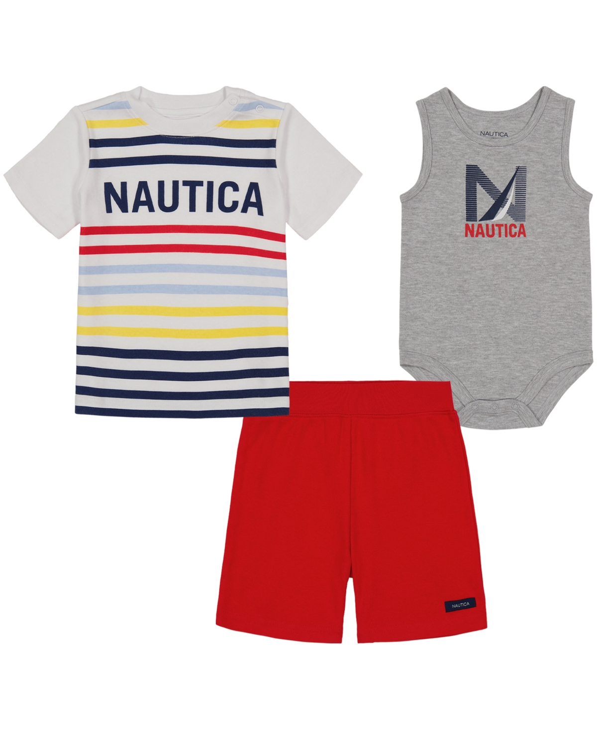 Nautica Baby Boys Logo Stripe Tank Bodysuit, Short Sleeve T-shirt And Shorts, 3 Piece Set In Red