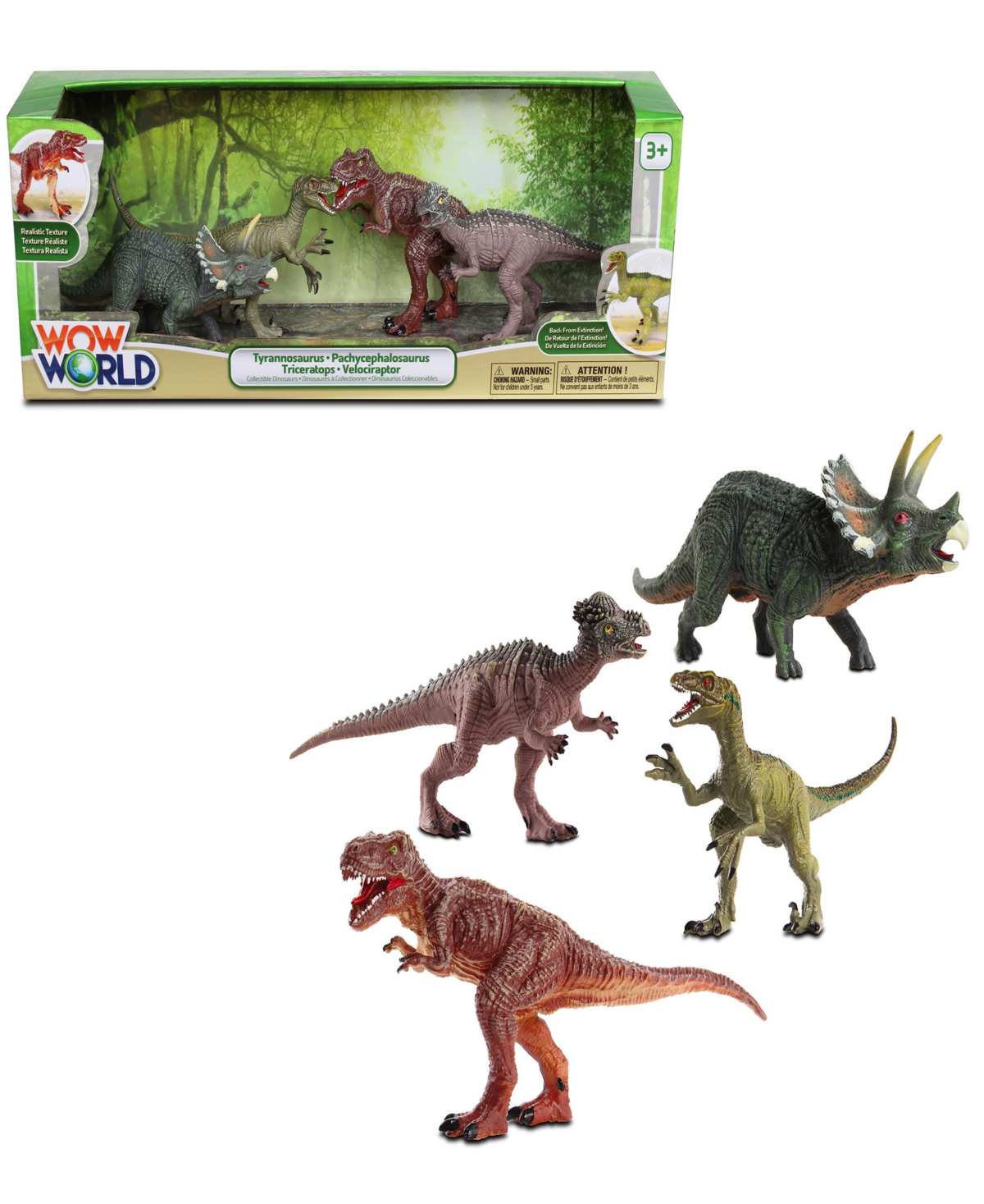 WowWorld Nkok Poseable Dinosaurs Playset Medium 4-Pack Set 3321 T-Rex, Triceratops, Pachycephalosaurus, Velociraptor, Dinosaurs Measure Between 3.5