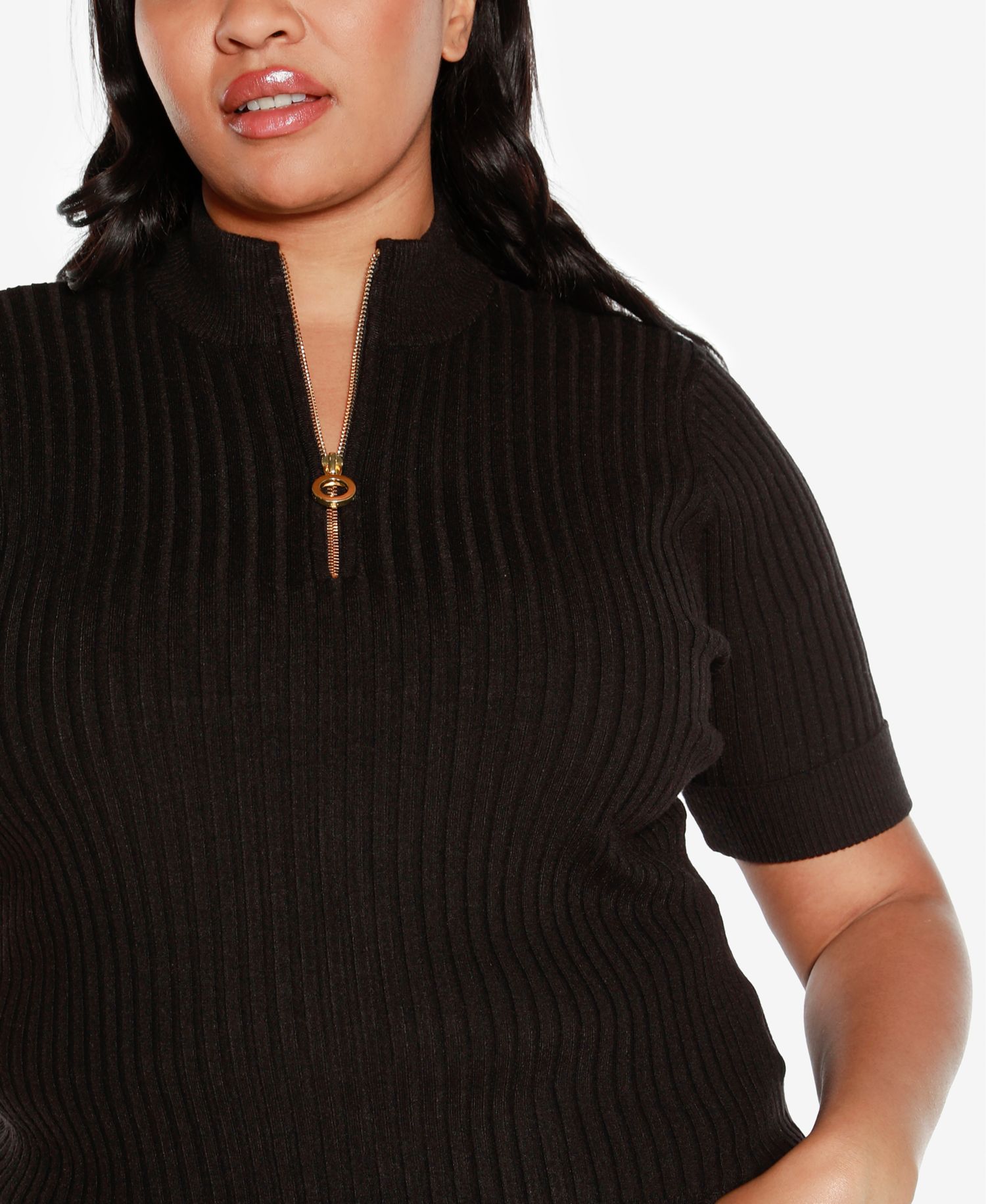 Black Label Plus Size Ribbed Zip Mock Neck Top