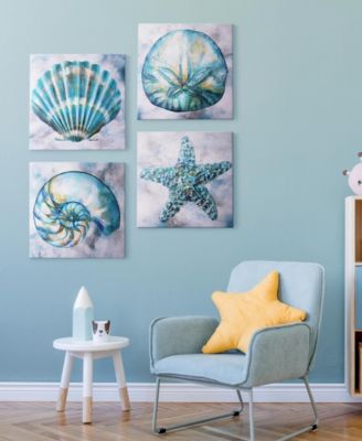 Coastal Beach Seashells Starfish 4 Piece Canvas Art Set, 20" x 20"