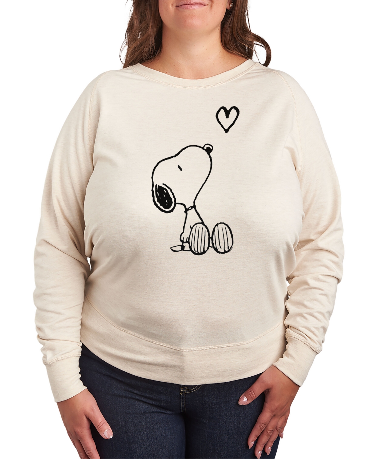 Air Waves Trendy Plus Size Snoopy Long Sleeve Graphic Pullover Top - Beige, Khaki