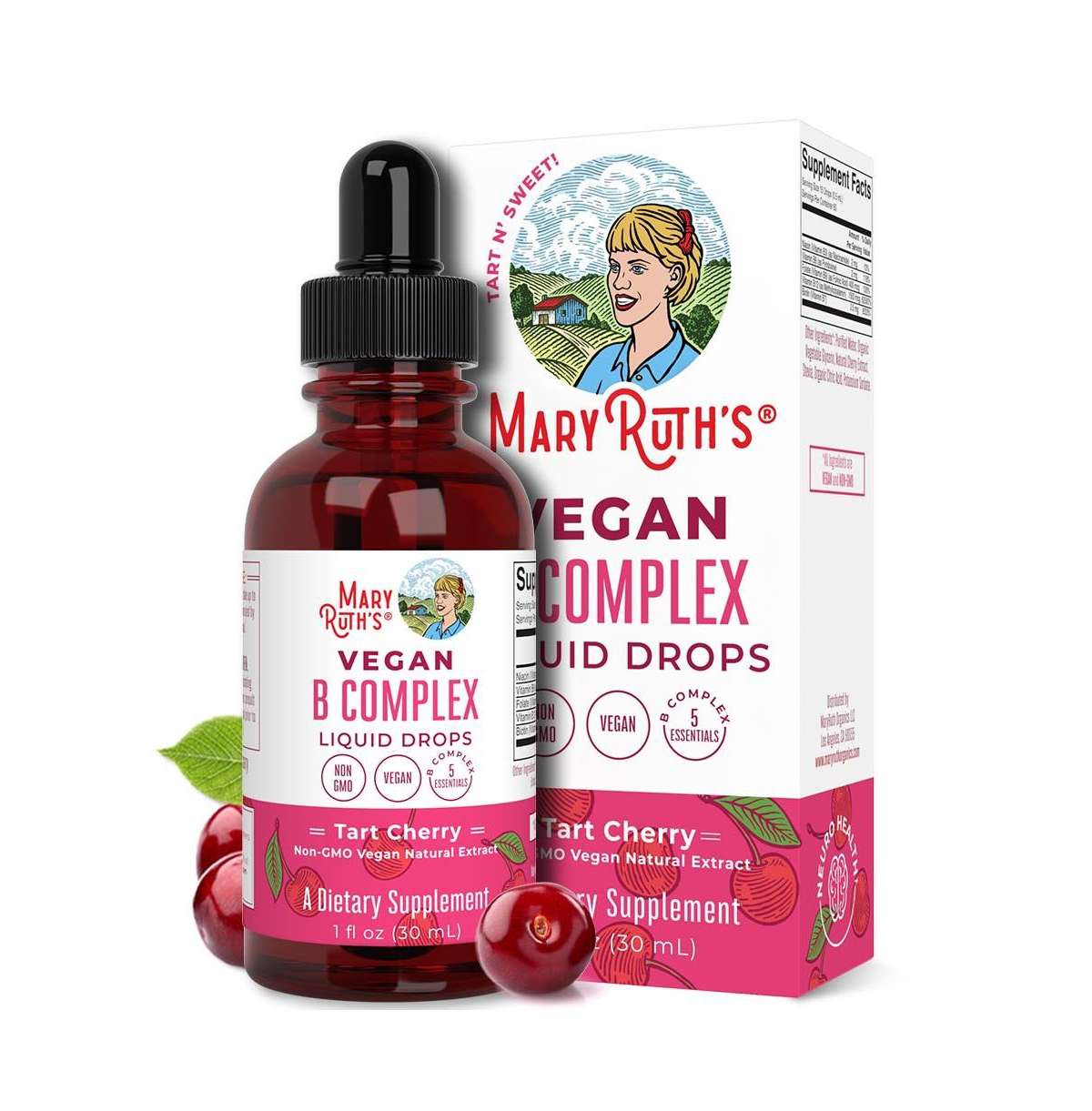 MaryRuth s Vegan Vitamin B Complex Liquid Drops  Cherry Flavor  Non-GMO  USDA Organic  1 fl