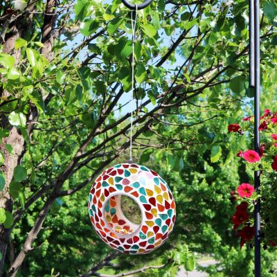 Outdoor Garden Patio Round Glass with Mosaic Design Hanging Fly-Through Bird Feeder - 6"