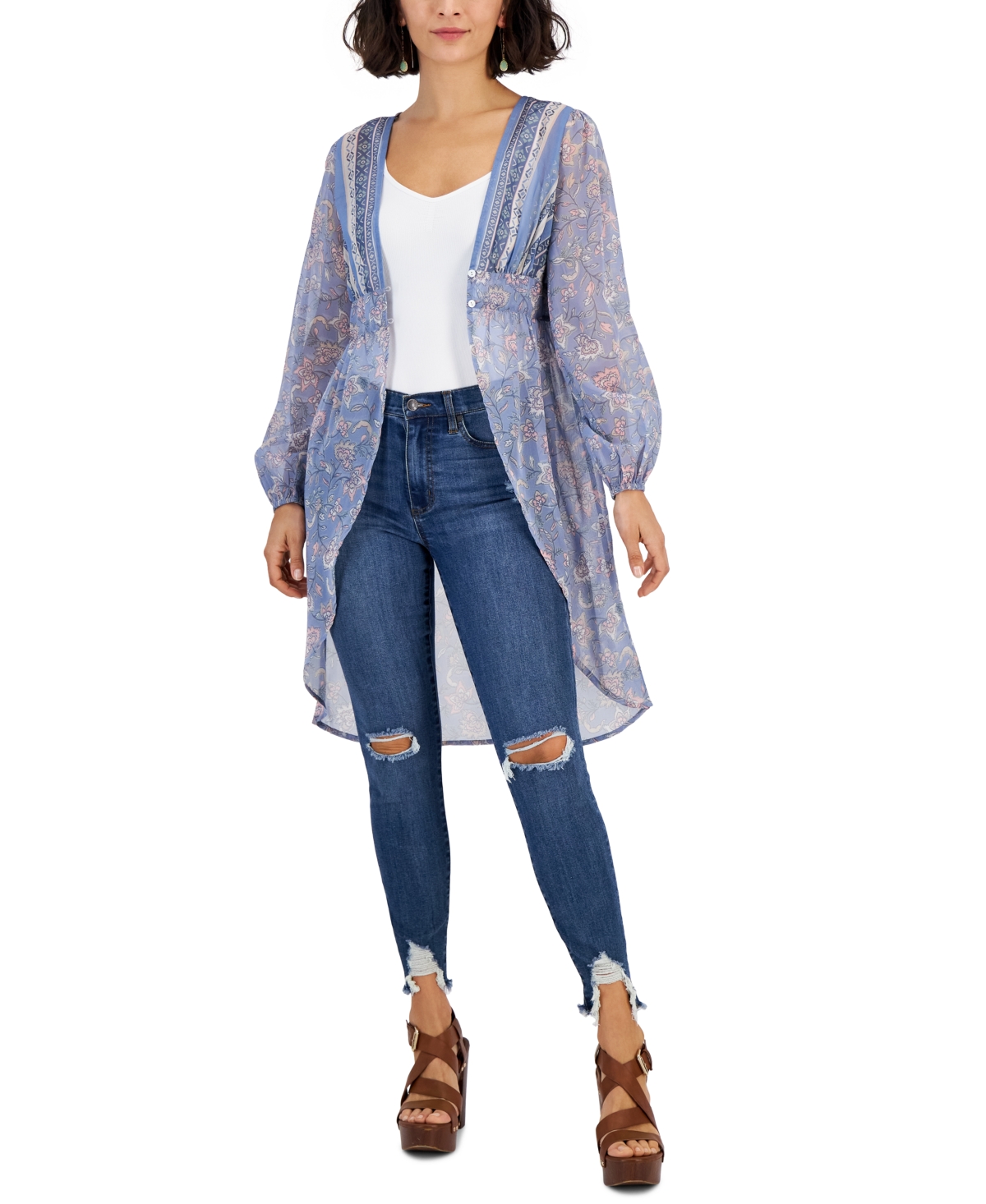 Derek Heart Juniors' Button-Waist Blouson-Sleeve Kimono