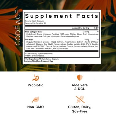 Multi Collagen + Gut Blend Supplement - Digestive Probiotics, DGL Licorice, Aloe Vera, Organic Peppermint Leaf, Slippery Elm, 90 Capsules