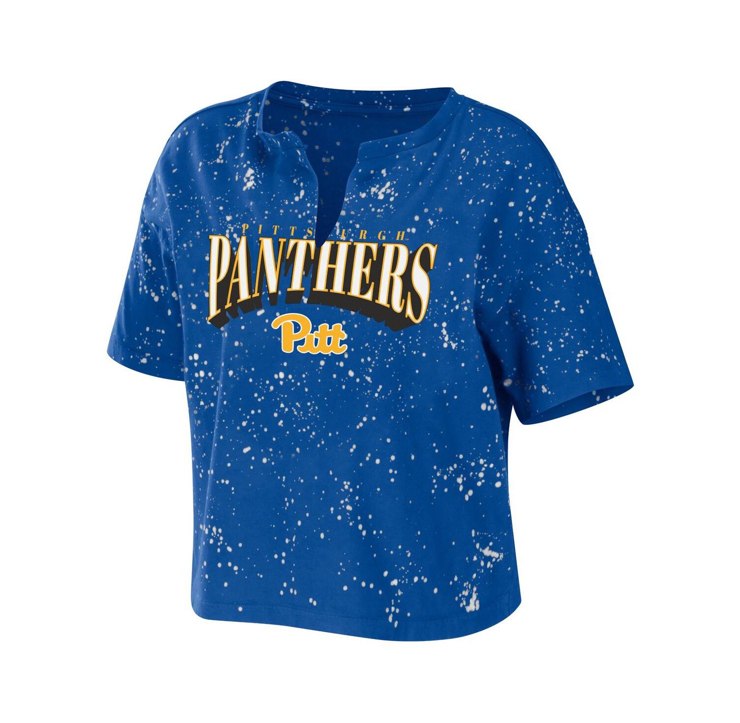 Women's Royal Pitt Panthers Bleach Wash Splatter Notch Neck T-shirt