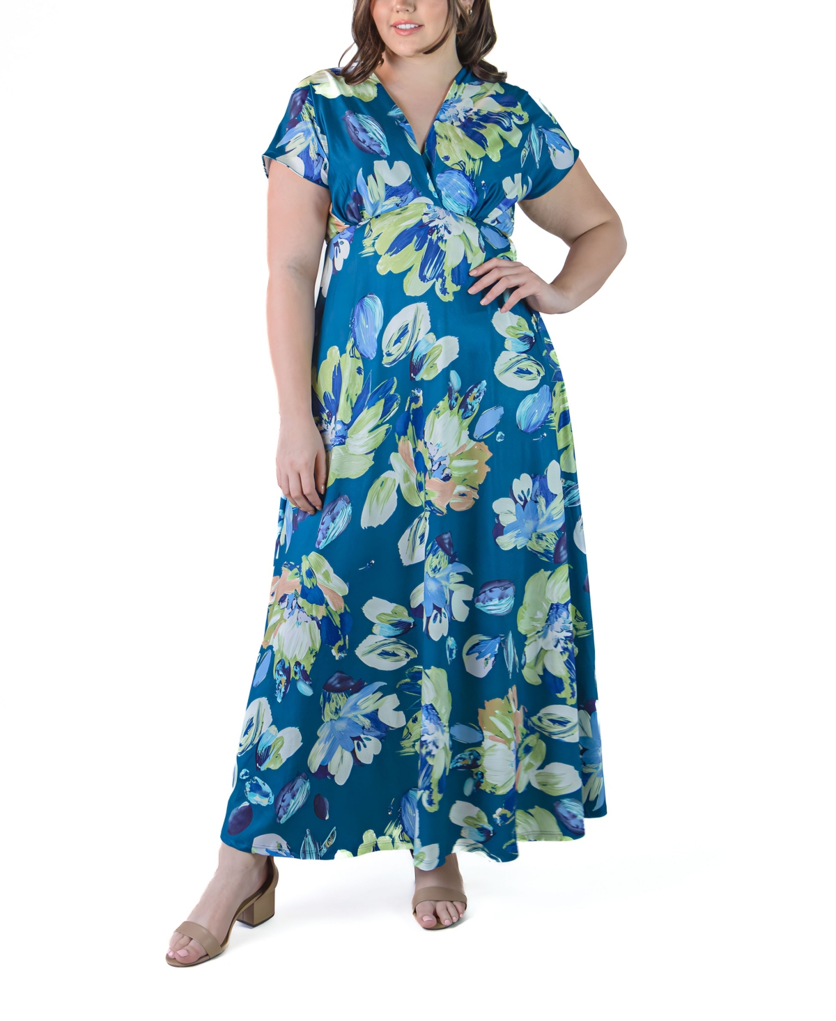 24SEVEN COMFORT APPAREL PLUS SIZE EMPIRE WAIST V-NECK MAXI DRESS 