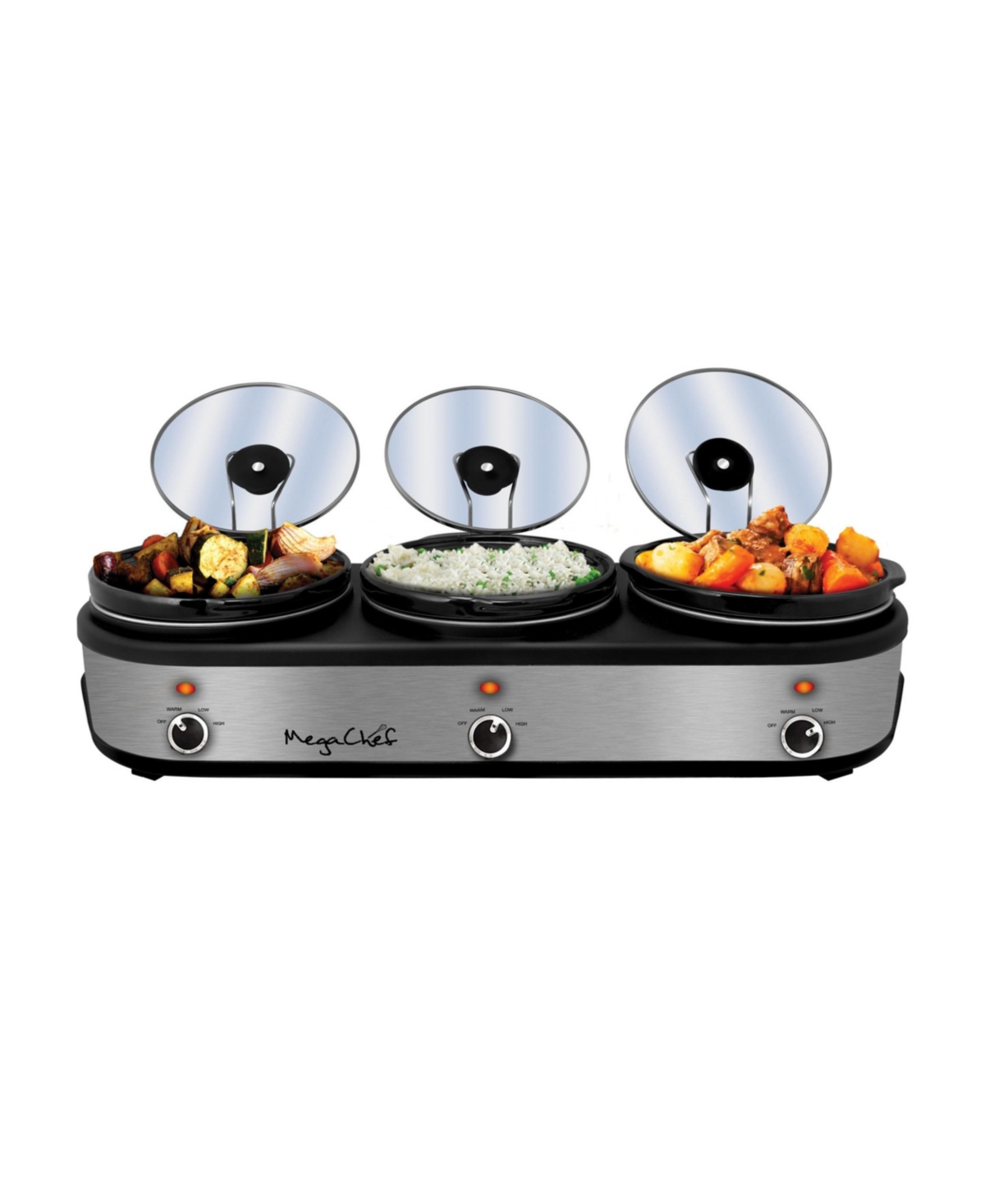 MEGACHEF TRIPLE 2.5 QUART SLOW COOKER AND BUFFET SERVER IN BRUSHED SILVER AND BLACK FINISH WITH 3 CERAMIC COO