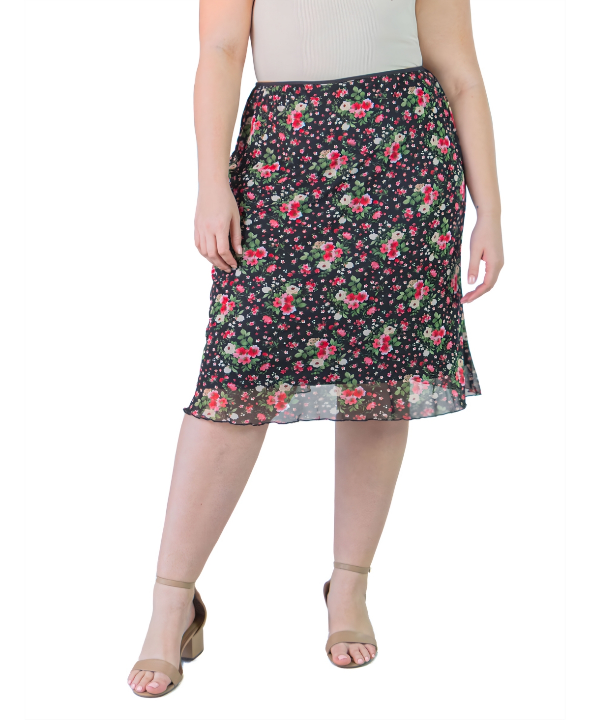 24seven Comfort Apparel Plus Size Colorful Elastic Waist Skirt In Black Multi