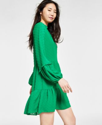 Women's Long Sleeve V-Neck Ruffled Clip-Dot Dress